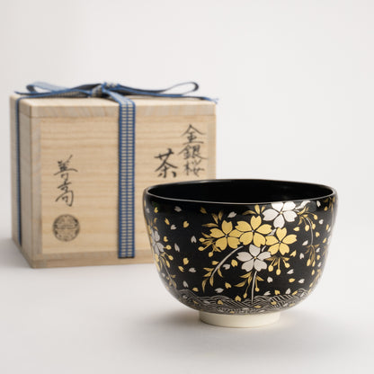 抹茶碗　黒釉 金銀桜　山岡善高 KOTOPOTTER