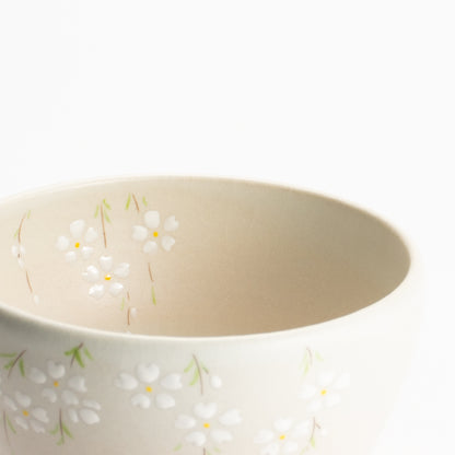 【清水烧】抹茶碗 稻草白釉 垂枝樱 海峰