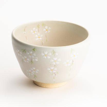 【清水烧】抹茶碗 稻草白釉 垂枝樱 海峰