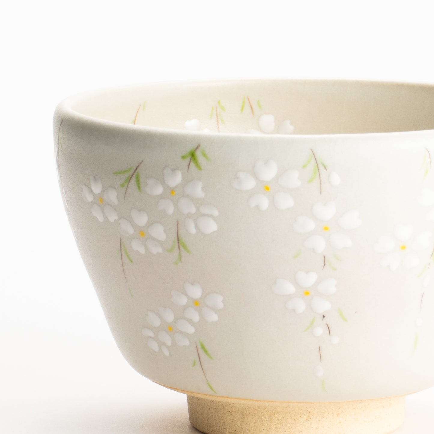 【清水烧】抹茶碗 稻草白釉 垂枝樱 海峰