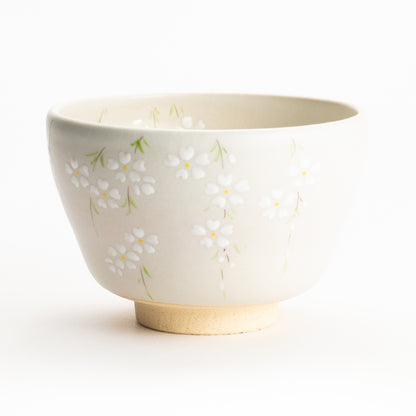 【清水烧】抹茶碗 稻草白釉 垂枝樱 海峰