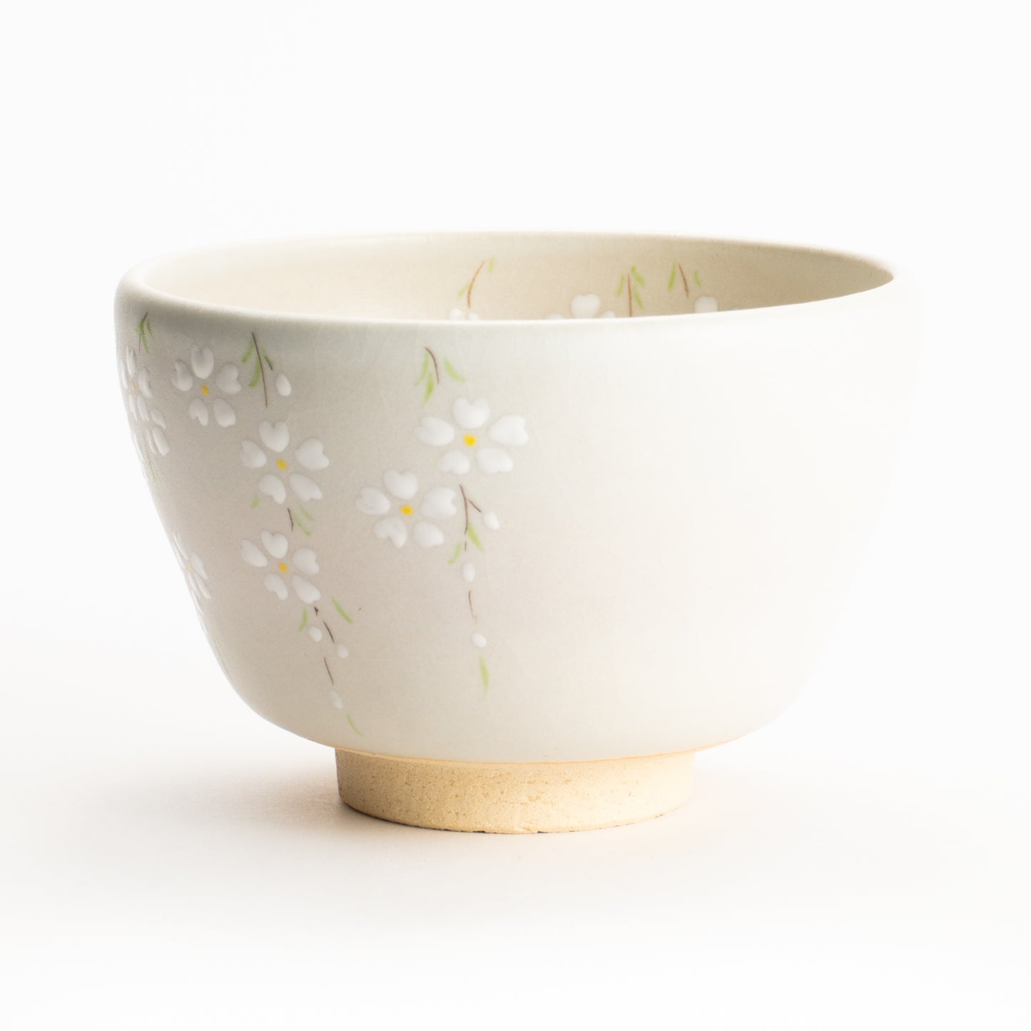 【清水烧】抹茶碗 稻草白釉 垂枝樱 海峰