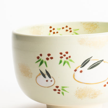 【清水烧】抹茶碗 萌黄《雪兔》 海峰