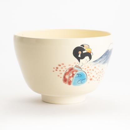 【清水烧】抹茶碗 舞妓与富士 海峰