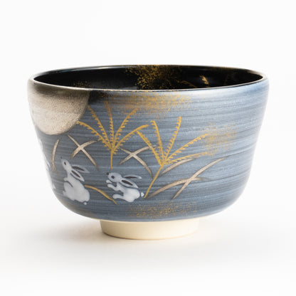 【清水烧】抹茶碗 金银彩 月与兔 海峰