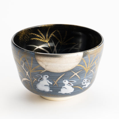 【清水烧】抹茶碗 金银彩 月与兔 海峰