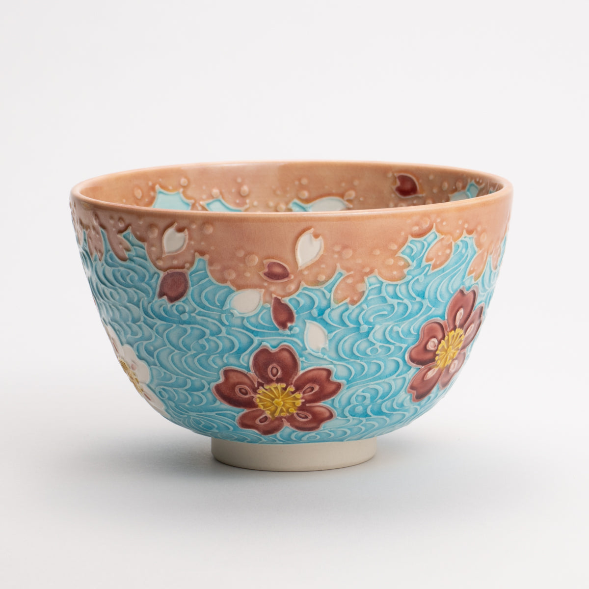 抹茶碗　浅葱交趾 桜に流水雲　一如 - Handcrafted Japanese pottery from Kyoto - Kyo ware / Kiyomizu ware.