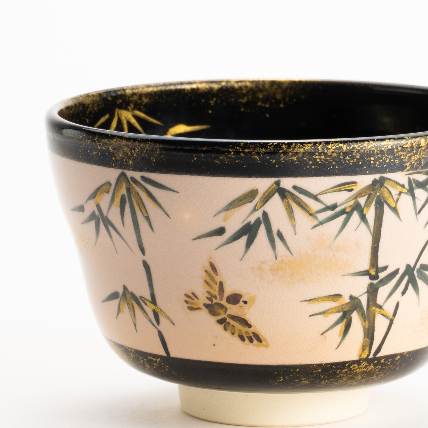 【清水烧】抹茶碗 金彩 竹与麻雀 海峰