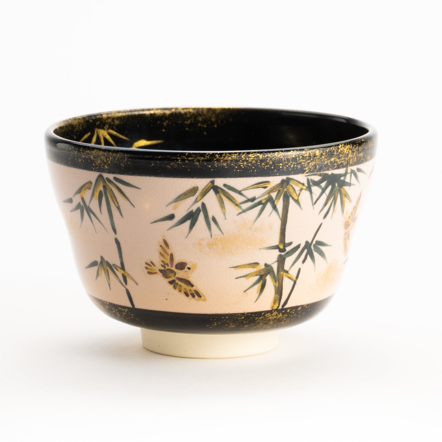 【清水烧】抹茶碗 金彩 竹与麻雀 海峰