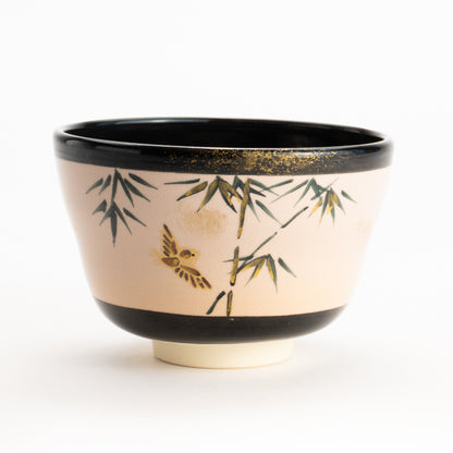 【清水烧】抹茶碗 金彩 竹与麻雀 海峰