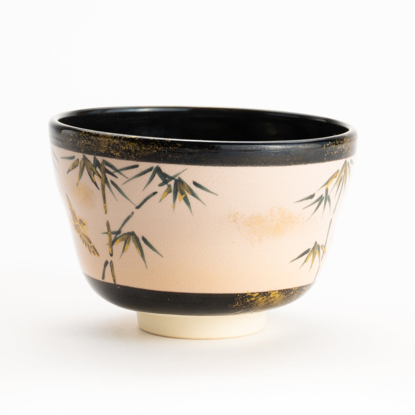 【清水烧】抹茶碗 金彩 竹与麻雀 海峰