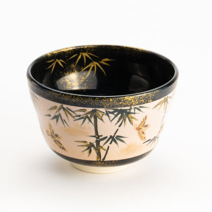 【清水烧】抹茶碗 金彩 竹与麻雀 海峰