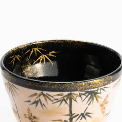 【清水烧】抹茶碗 金彩 竹与麻雀 海峰