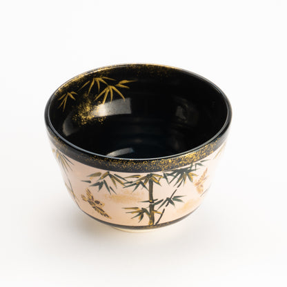 【清水烧】抹茶碗 金彩 竹与麻雀 海峰