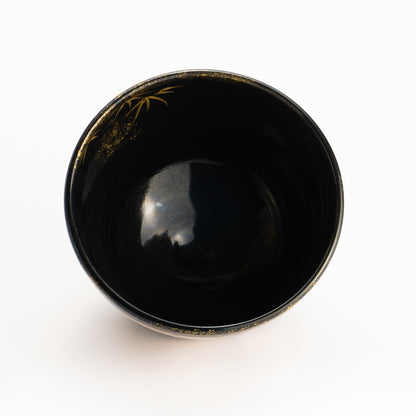 【清水烧】抹茶碗 金彩 竹与麻雀 海峰