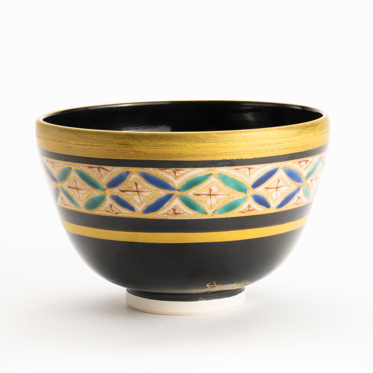 【清水烧】抹茶碗 黑地金彩七宝 海峰