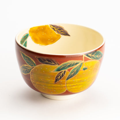 【清水烧】抹茶碗 赤地 柚子 与平