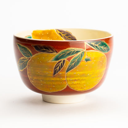 【清水烧】抹茶碗 赤地 柚子 与平