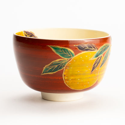 【清水烧】抹茶碗 赤地 柚子 与平