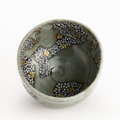 【清水烧】抹茶碗 黑陶灰釉《樱花满绘》 海峰