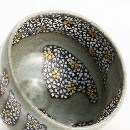 【清水烧】抹茶碗 黑陶灰釉《樱花满绘》 海峰