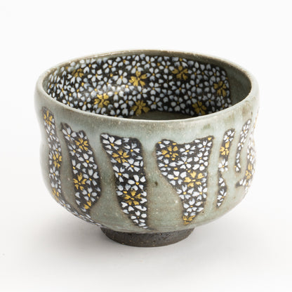 【清水烧】抹茶碗 黑陶灰釉《樱花满绘》 海峰