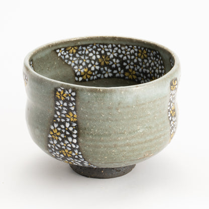 【清水烧】抹茶碗 黑陶灰釉《樱花满绘》 海峰