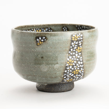 【清水烧】抹茶碗 黑陶灰釉《樱花满绘》 海峰