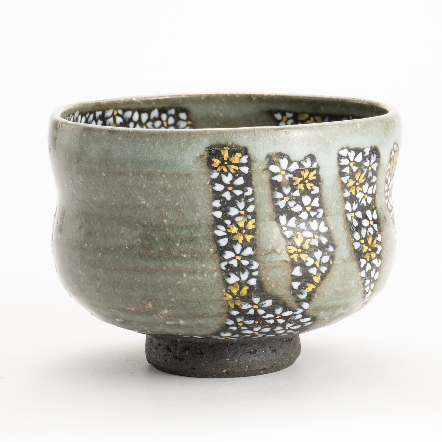 【清水烧】抹茶碗 黑陶灰釉《樱花满绘》 海峰