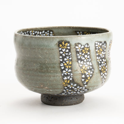 【清水烧】抹茶碗 黑陶灰釉《樱花满绘》 海峰