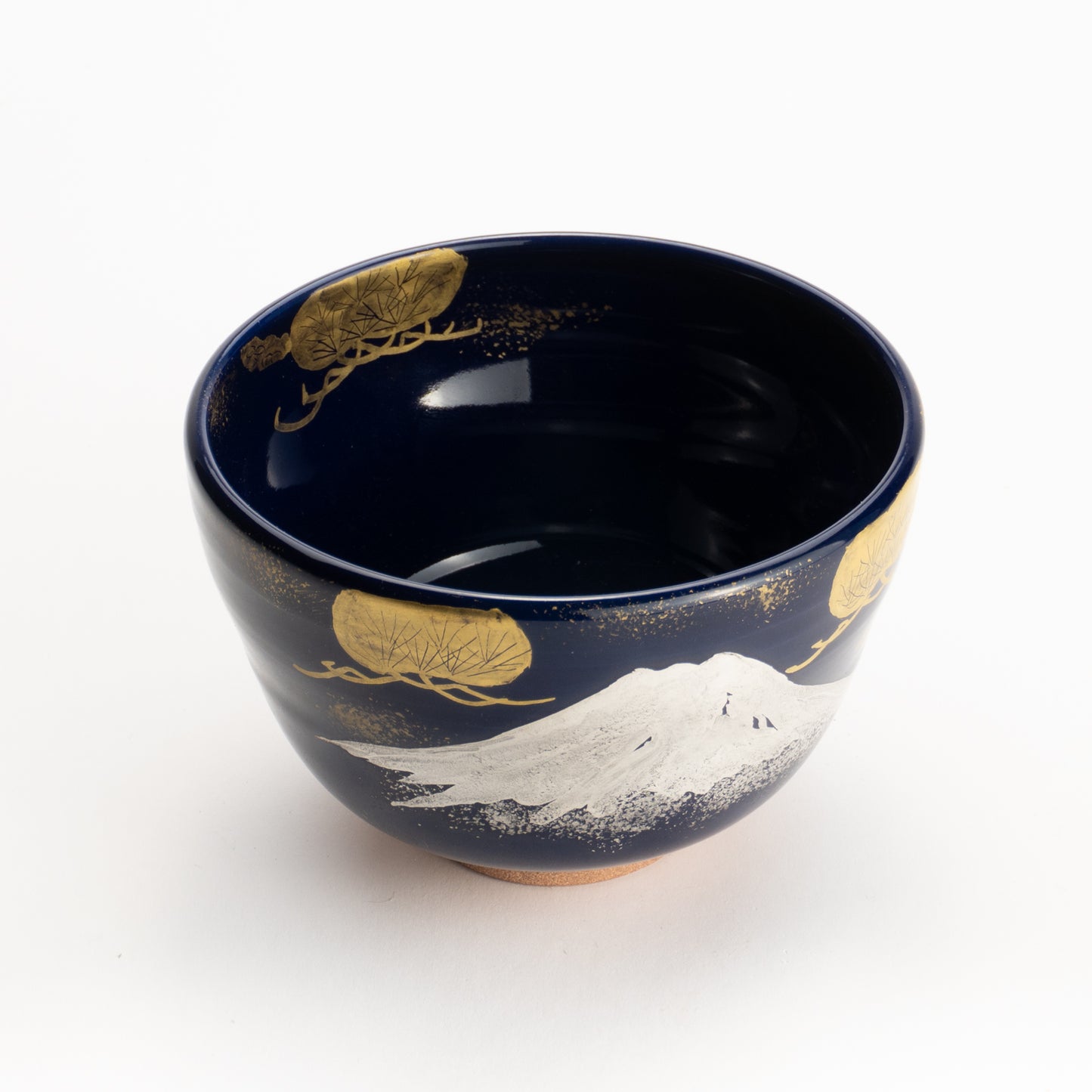 【清水烧】抹茶碗 瑠璃地金银彩《富士与松》 海峰