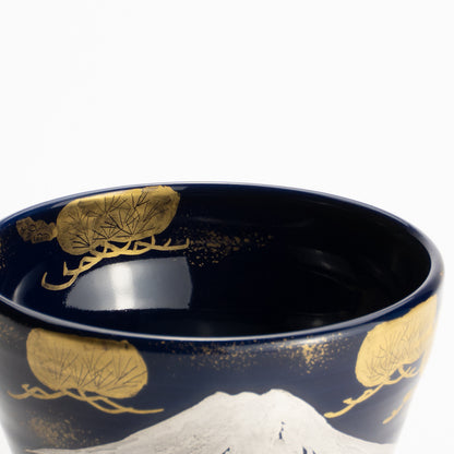 【清水烧】抹茶碗 瑠璃地金银彩《富士与松》 海峰