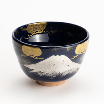 【清水烧】抹茶碗 瑠璃地金银彩《富士与松》 海峰