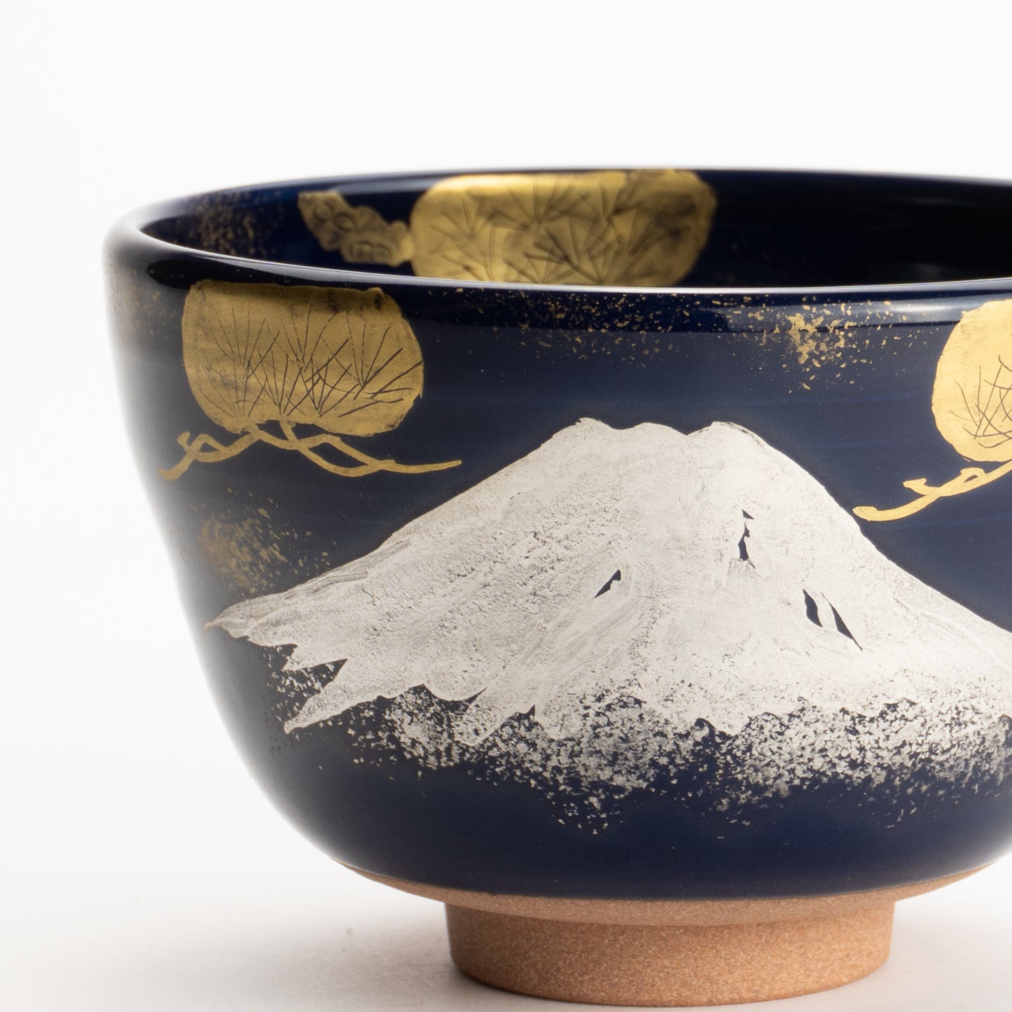 【清水烧】抹茶碗 瑠璃地金银彩《富士与松》 海峰
