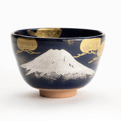 【清水烧】抹茶碗 瑠璃地金银彩《富士与松》 海峰