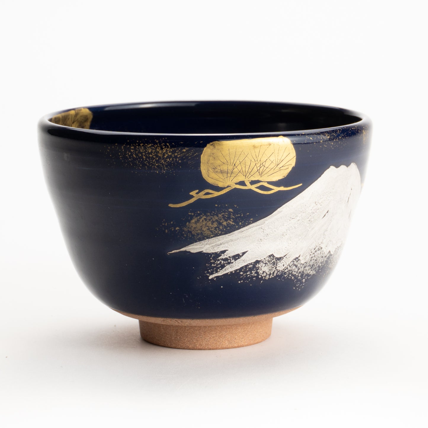 【清水烧】抹茶碗 瑠璃地金银彩《富士与松》 海峰