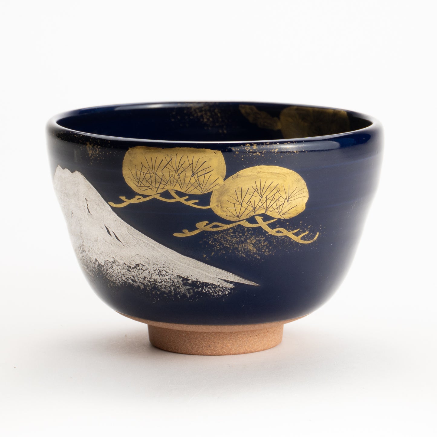【清水烧】抹茶碗 瑠璃地金银彩《富士与松》 海峰