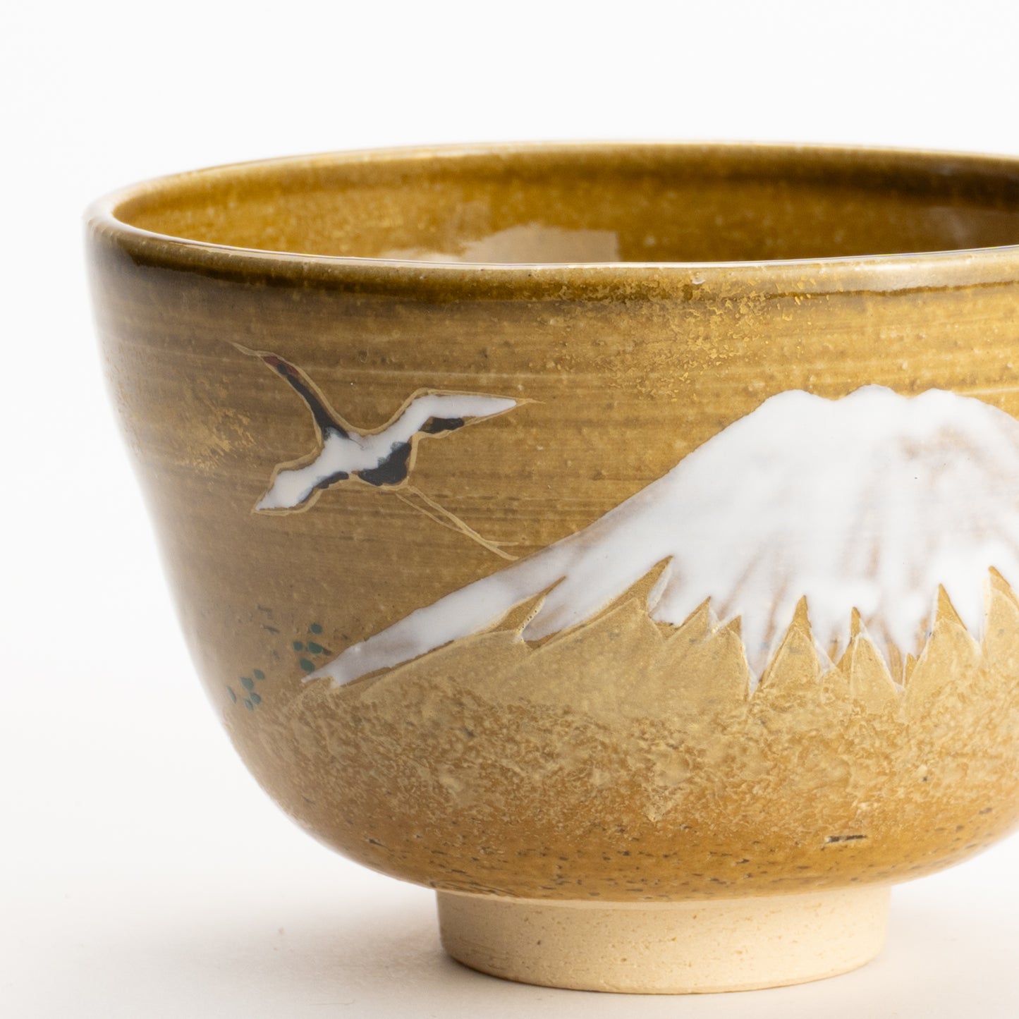 【清水烧】抹茶碗 饴釉《富士与鹤》 海峰