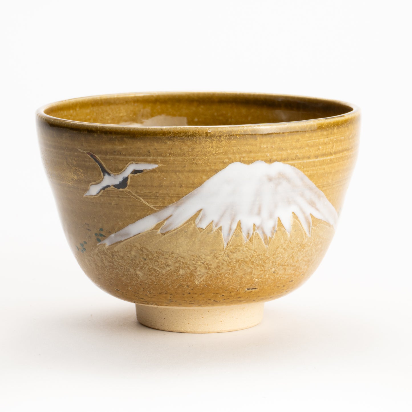 【清水烧】抹茶碗 饴釉《富士与鹤》 海峰