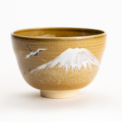 【清水烧】抹茶碗 饴釉《富士与鹤》 海峰