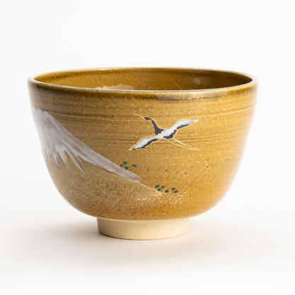 【清水烧】抹茶碗 饴釉《富士与鹤》 海峰