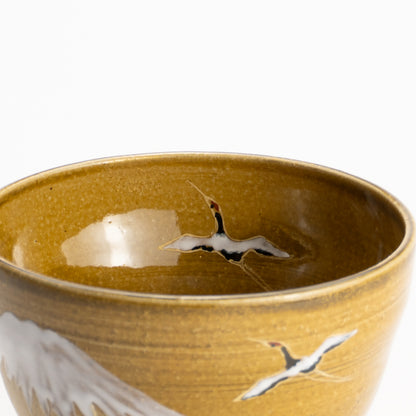 【清水烧】抹茶碗 饴釉《富士与鹤》 海峰