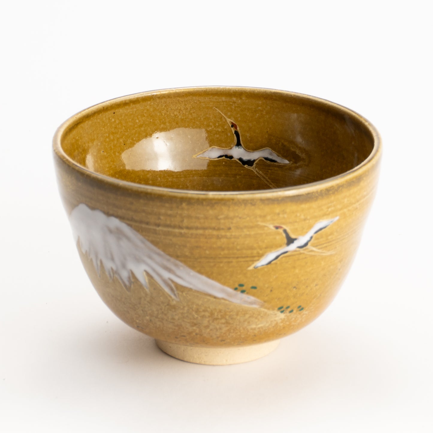 【清水烧】抹茶碗 饴釉《富士与鹤》 海峰