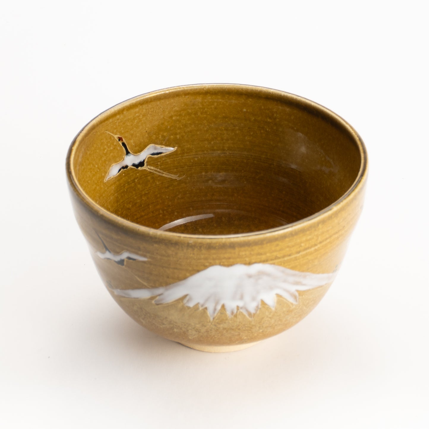 【清水烧】抹茶碗 饴釉《富士与鹤》 海峰