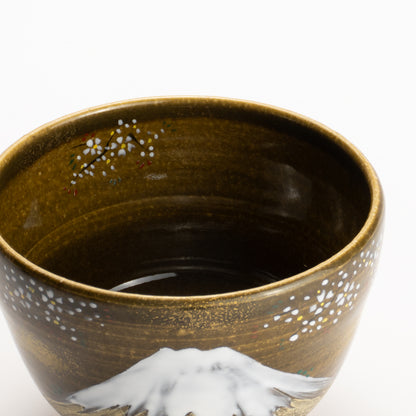 【清水烧】抹茶碗 黑伊罗保釉《富士与樱花》 海峰