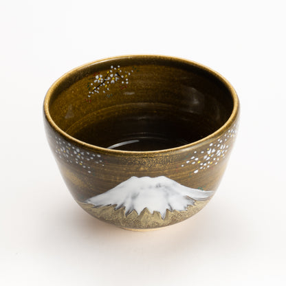 【清水烧】抹茶碗 黑伊罗保釉《富士与樱花》 海峰