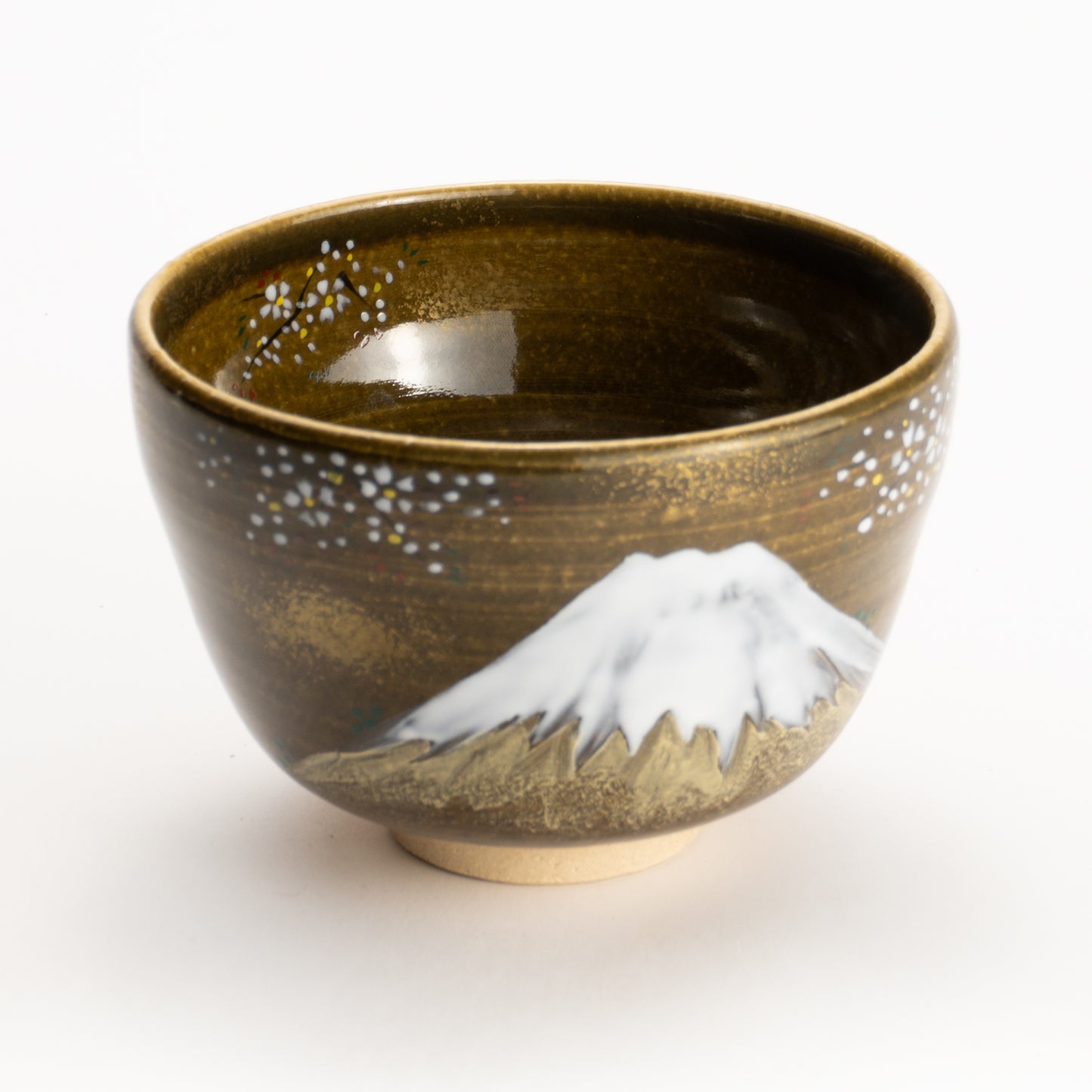 【清水烧】抹茶碗 黑伊罗保釉《富士与樱花》 海峰