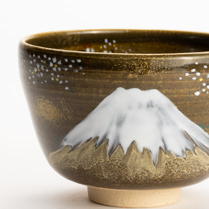 【清水烧】抹茶碗 黑伊罗保釉《富士与樱花》 海峰