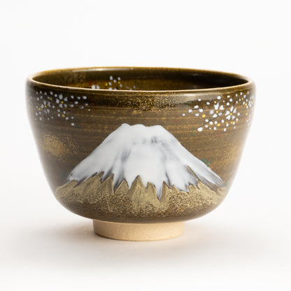 【清水烧】抹茶碗 黑伊罗保釉《富士与樱花》 海峰