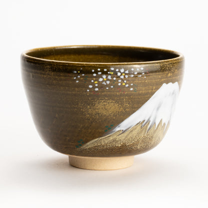 【清水烧】抹茶碗 黑伊罗保釉《富士与樱花》 海峰